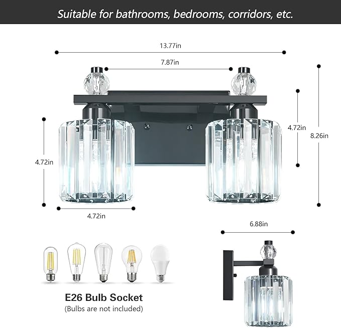 Bathroom Vanity Lights 2-Light Plating Black Modern Crystal Vanity Light Fixtures Over Mirror Crystal Bathroom Vanity Lighting Fixtures