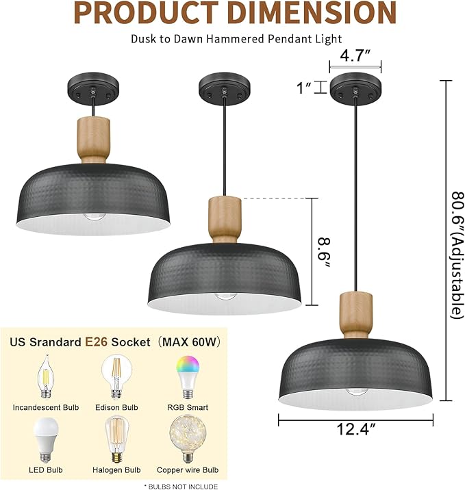 Darkaway Dusk to Dawn Industrial Pendant Light Fixtures Ceiling Hanging with Hammered Metal Shade, 2pcs Black Pendant Light for Outdoor Porch Lighting Hanging Lamp Adjustable Height