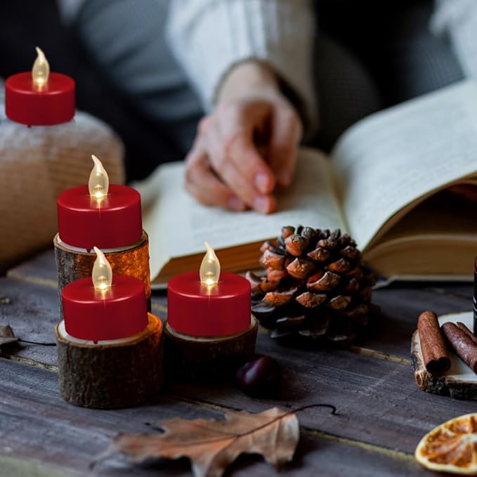 Flameless LED Tea Light Candles, Battery Operated Flickering Electric Fake Candles Bulk, 24 Pack Powered Votive Tealights Long Lasting 200H+ Bright Red Lamp for Seasonal & Festive Gift Decoration