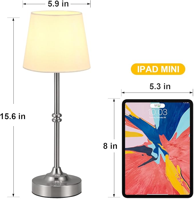 Kakanuo Rechargeable Cordless Table Lamp Silver - 2 Pack 4000mAh Battery Operated Lamp, Touch Control Stepless Dimming, for Home Decor, Dining Table, Living Room, Bedroom