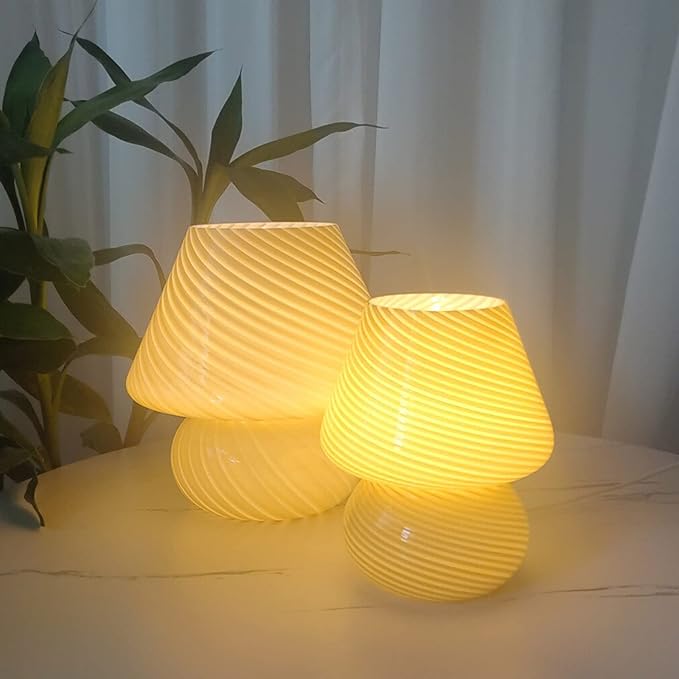 Swirl Mushroom Lamp, Translucent Glass Table Bedside Lamps Italian Style Modern Striped Desk Light for Baby Home Decoration of Dining, Living, Study (Bright Yellow, Mini Dia5.1*H7.1 Inches)