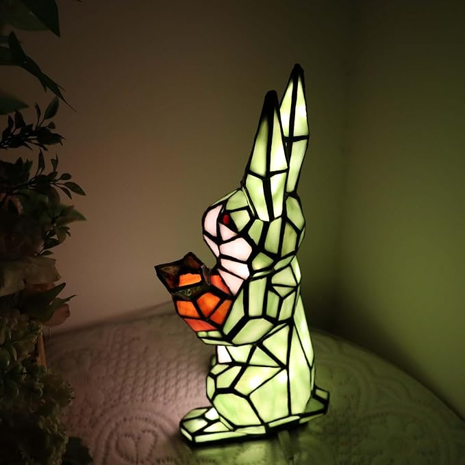 Bieye L10948 Rabbit Holds Carrot Tiffany Style Stained Glass Accent Table Lamp for Home Decor (Green)