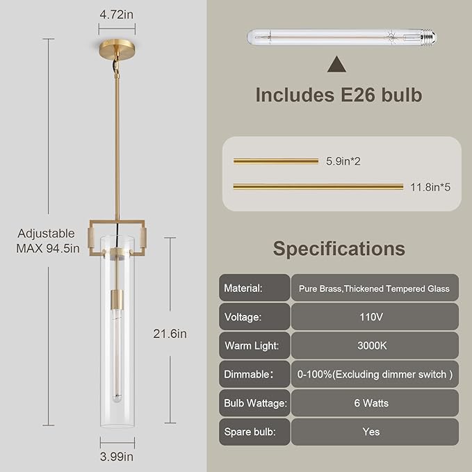 Modern Knurled Brass Kitchen Island Pendant Light,Gold 21.6'' 1-Light Long Glass Island Pendant Lights,Lrage Farmhouses Pendant Light, for Kitchen,Dining Room,Bathroom,Bulb Included