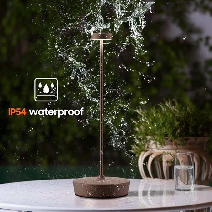 Cordless LED Table Lamp，Rechargeable Battery Desk Lamps, 3 Color Stepless Dimmable Metal Battery Table Lamps, Portable Waterproof Table Light for Indoor/Outdoor/Restaurant (Rust)