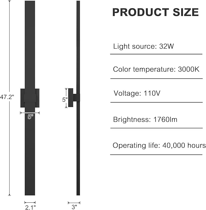 LamQee 47.2 In Aluminum Long Outdoor Wall Lights, 3000K 1760LM LED Waterproof IP65, Modern Exterior Lighting Fixture Linear Outdoor Sconce Wall Mount Outside Lighting for House Porch Patio Garage Door