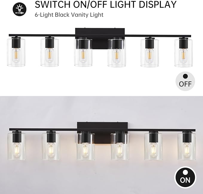 Black Bathroom Vanity Lighting Over Mirror,6 Light Bathroom Vanity Lights with Clear Glass Shade,Metal Vanity Lights for Bathroom,Bedroom,Living Room