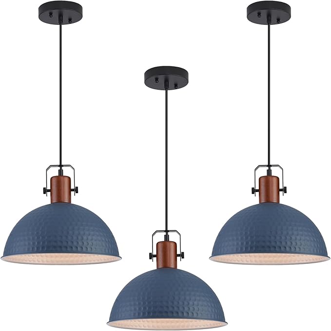 12 Inch Blue Pendant Lights Hammered Matte Pendant Lights for Kitchen Island Industrial Farmhouse Adjustable Height Dome Hanging Light Fixtures for Barn, Dining Room 3 Packs