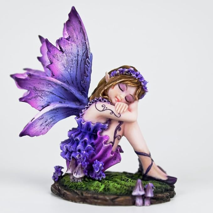 Fantasy Purple Sleeping Fairy Figurine, 3.15 Inch Blue-Purple Gradient Elf Statue, Hand-Painted Resin Decor with Flower Crown & Mini Mushroom Base for Desk, Fairy Garden, Bedroom