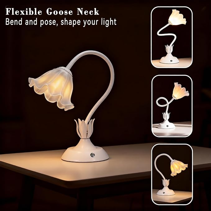 Cordless Flower Table Lamp White, Valentine‘s Gift, 5200-mAh Rechargeable Touch Lamp, 3-Way Dimmable, Build-in Integrated LED 320 Lumen Max, for Nightstand Bedroom Living Room