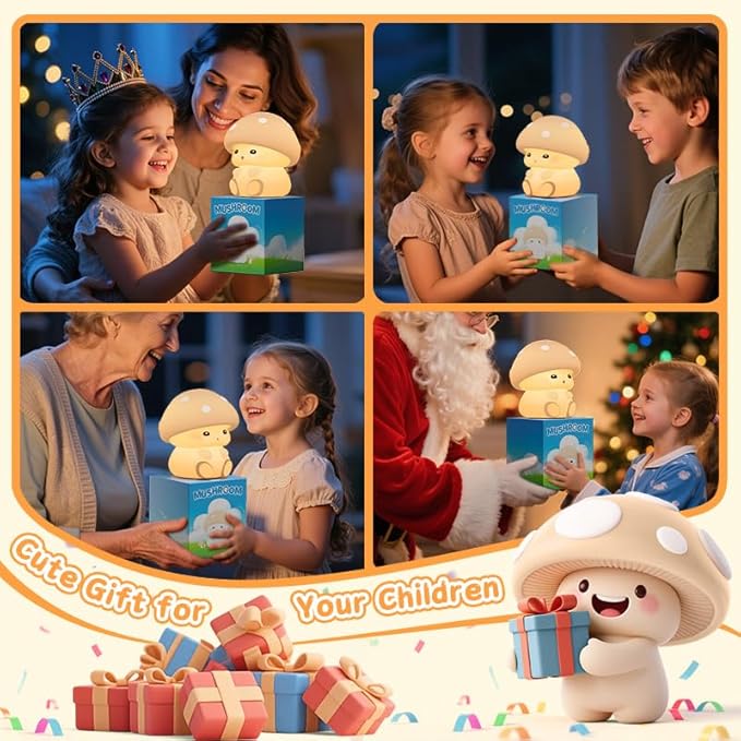 Mushroom Night Light Lamp, Soft Squishy Silicone Nursery Light with 2 Brightness Level, Touch Dimmable Baby Nightlight, Rechargeable Kid Lamp Kawaii Mushroom Gifts for Kids Baby Girls Women (Yellow)