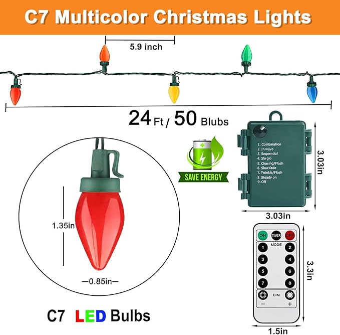 Couah C7 Christmas Lights, 24ft 50LED C7 Christmas Lights Battery Powered LED Battery Powered for Indoor Outdoor Xmas Tree Garden Patio Backyard Party Christmas Decorations
