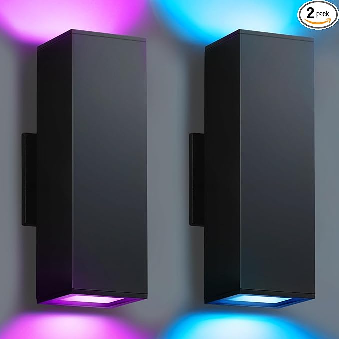SHIMR Color Changing Outdoor Wall Lights 2 Pack, Ambiance Up and Down Lights Outdoor, Waterproof Square Smart Porch Lights WiFi APP Control Exterior Light Fixture Home Theater Lighting [ETL Listed]