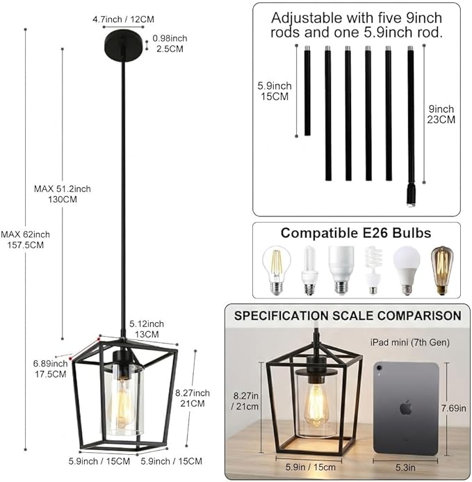 3 Pack Black Pendant Lights for Kitchen Island, 1-Light Farmhouse Metal Pendant Light Cage Kitchen Hanging Light Fixtures with Clear Glass Shade for Dining Room, Entryway, Hallway, Foyer