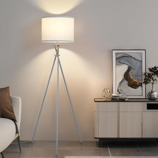 Tripod Floor Lamp Silver, 61”Tall Floor Lamps, Standing Lamp with Rotary Switch, Modern Floor Lamp Simple Design with White Shade, Floor Lamps for Living Room, Bedroom, Office, Without Bulb