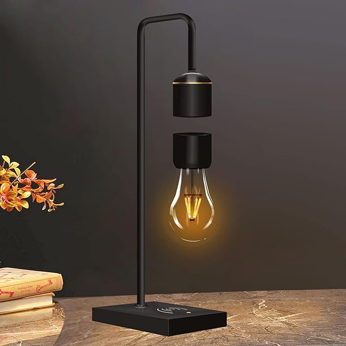 Unique Modern Levitating Lamp with Floating Light and Built-in Qi Wireless Charger, Simplistic and Innovative Design, Warm Decorative Night Light (Black Bulb)