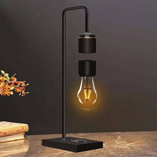 Unique Modern Levitating Lamp with Floating Light and Built-in Qi Wireless Charger, Simplistic and Innovative Design, Warm Decorative Night Light (Black Bulb)