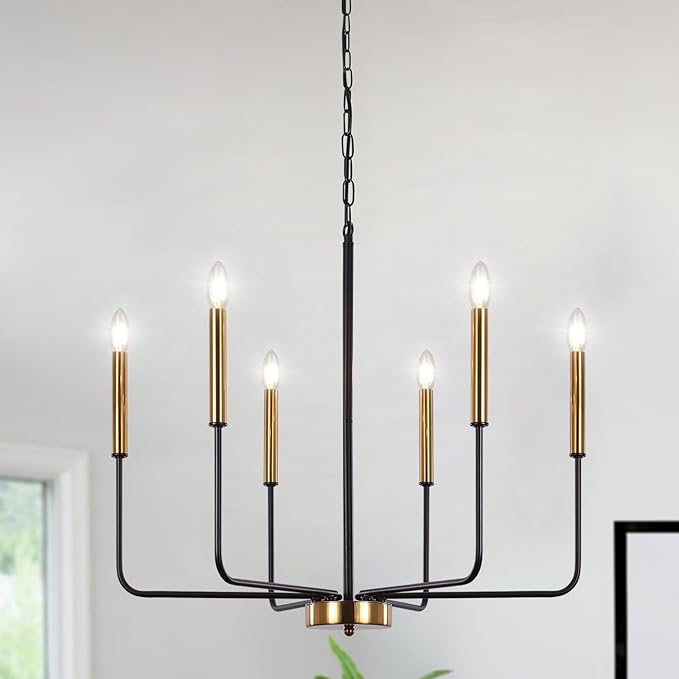 ETONIMERR Modern Farmhouse Chandelier Light Fixture Ceiling Hanging, 6-Light Black and Gold Industrial Chandelier for Dining Room, Rustic Candle Pendant Light for Kitchen Island, Living Room