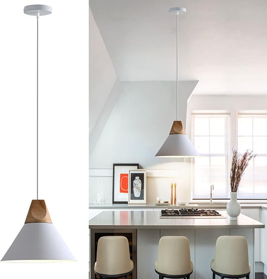 Modern Pendant Light Fixture,Solid Wood Matte White Lampshade Style Ceiling Hanging Lamp,Pendant Lighting for Kitchen Island Dining Room Coffee Bar(White-1 Pack)