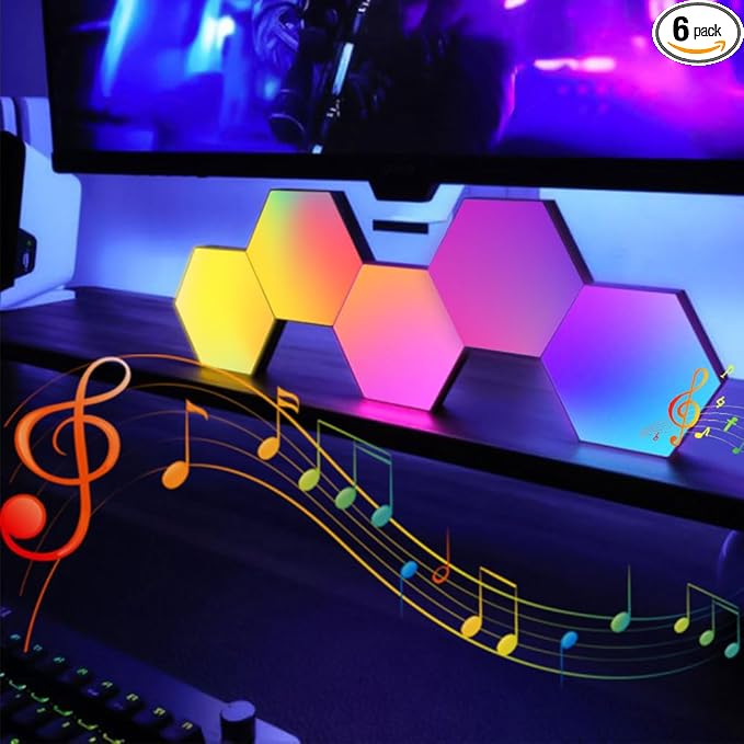 Hexagon LED Wall Light Panels: Smart RGB Color-Changing Hexagon Lights with App & Remote Control, Music Sync Mode, DIY Wall Decor for Bedroom, Gaming Room, Home Theater (6)