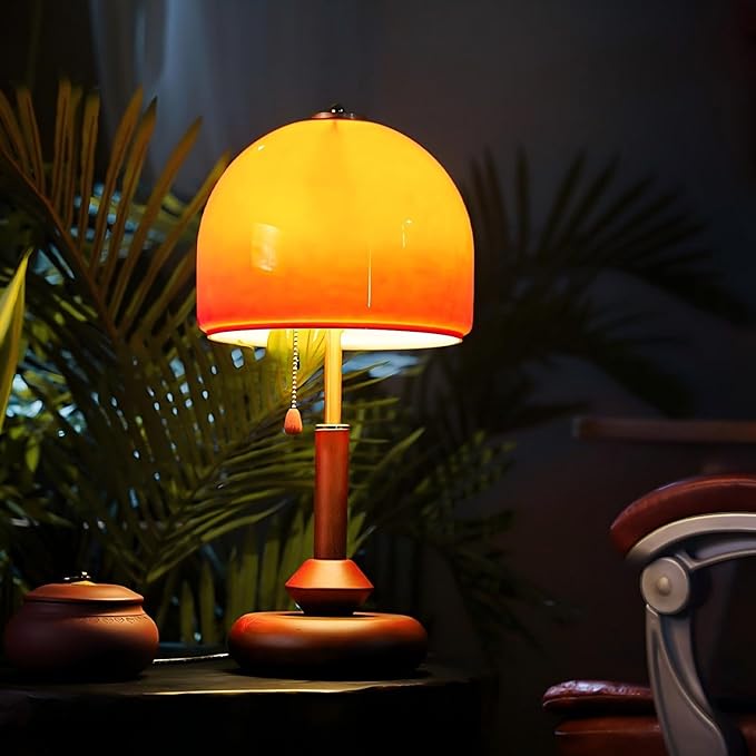LIGHTLAND Orange Table Lamp, Glass Lampshade Metal Lamp Body Wood Base, Decorative Mushroom Lamp, Vintage Table Lamp for Living Room Bedroom Study, 9.4 * 19.7 Inch