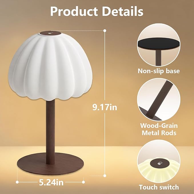 Cordless Waterproof Shower Lamp, IP65 Rechargeable Touch Dimmable Light for Inside Shower, 4500mAh Battery Operated Color Changing Water Proof Table Lamp for Bathroom, Bedroom (Brown)