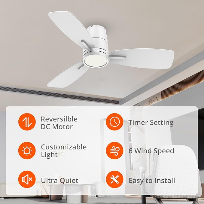 TALOYA 42inch Ceiling Fans with Lights and Remote Control, Quiet DC Motor, Double-Faced Blades, Modern Low Profile Ceiling Fan for Bedroom, Living Room, Dining Room, Office