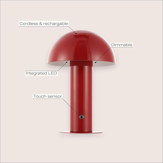 JONATHAN Y 10.75" Red Rechargeable LED Mushroom Table Lamp, Cordless Portable Bedside Lamp for Living Room Bedroom, 3-Way Dimmable Modern Iron Desk Light, Metal Shade (JYL7115G)