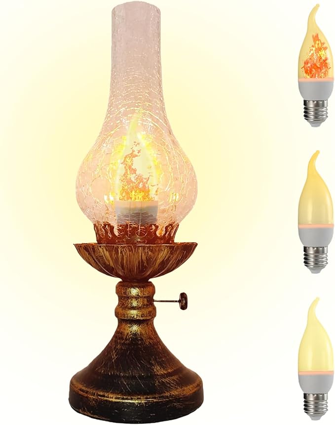 Vintage Table Lamp - 3 Modes Dimmable Retro Rustic Desk Lamp with Crackle Glass Shade, Antique Victorian Style, E26 Bulb Included, Ideal for Bedroom, Living Room, Home Decor (Transparent-Gold)