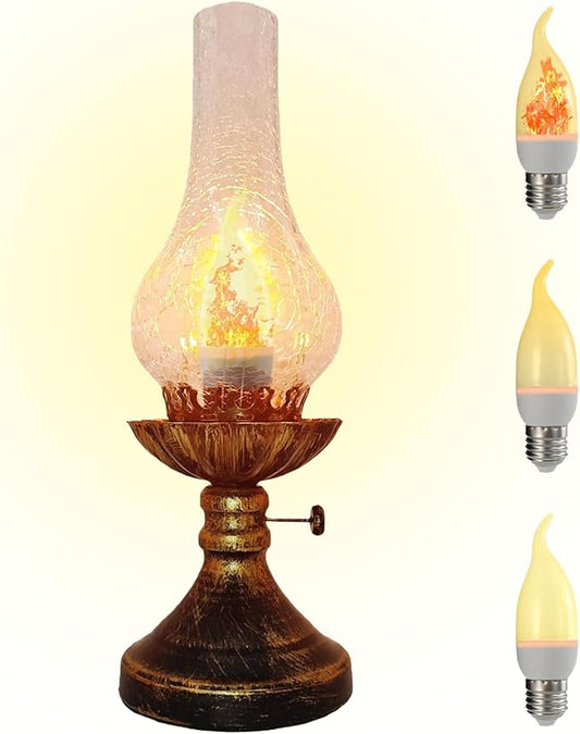 Vintage Table Lamp - 3 Modes Dimmable Retro Rustic Desk Lamp with Crackle Glass Shade, Antique Victorian Style, E26 Bulb Included, Ideal for Bedroom, Living Room, Home Decor (Transparent-Gold)