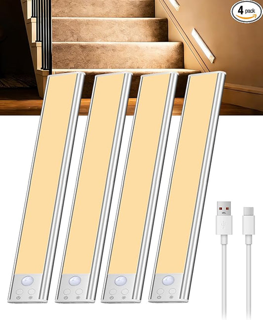 SZOKLED Motion Sensor Light Indoor, Rechargeable Closet Lights Battery Operated, Dimmable Under Cabinet Lighting for Kitchen, Stair, Wardrobe, Pantry, 4Pack (9.84inch)