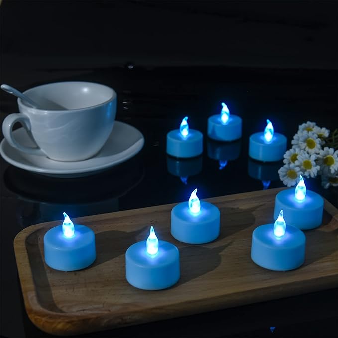 PILLOBOX Battery Operated Flameless Tea Lights: 24PACK LED Electric Candles Lamp Realistic and Bright Flickering Holiday Gift Long Lasting for Birthday Wedding Party Home Decoration (24PACK Blue)