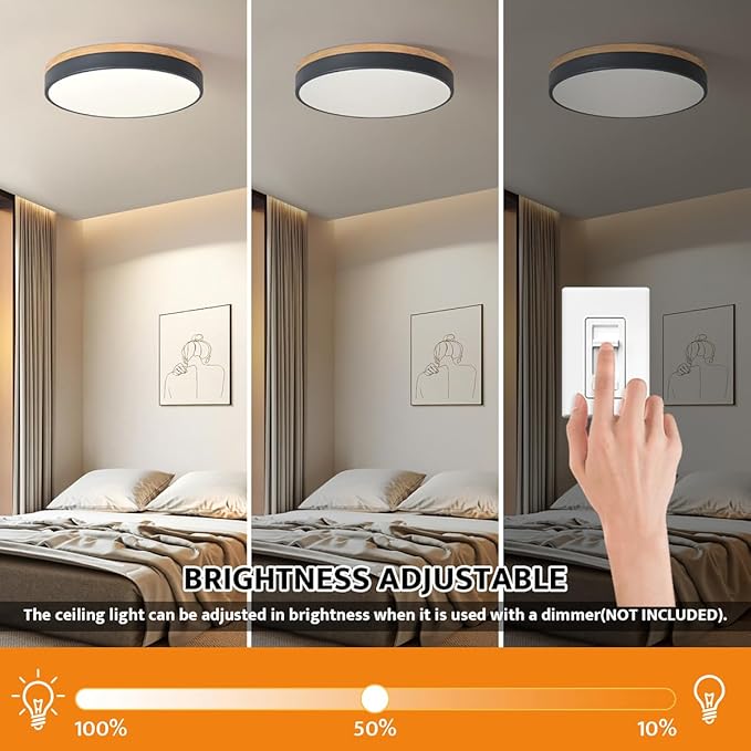 Dimmable Wood LED Flush Mount Ceiling Light, 5CCT 2700K-6000K Selectable Modern Round Close to Ceiling Lighting Fixtures, Minimalist Grey Ceiling Lamp for Living Room, Bedroom, Laundry Room