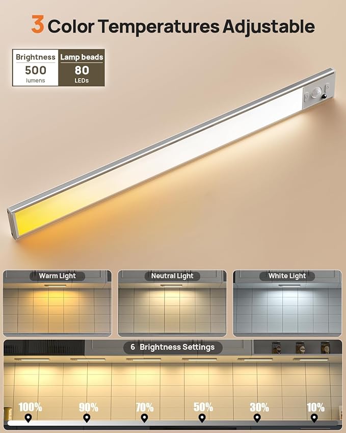 16in Under Cabinet Lighting with Remote Control,160 LED Motion Sensor Light Indoor,4000mAh USB Rechargeable Closet Lights,3 Color Temps Wireless Under Counter Lights for Kitchen,Pantry, Stair, 3 Pack