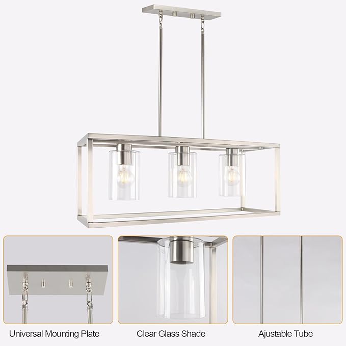 Kalium Chandeliers for Dining Room, 3 Light Dining Room Light Fixture Modern Metal Industrial Kitchen Lighting Fixtures Easy Installation Pendant Lights for Bar Restaurant-E26 Socket, Silver