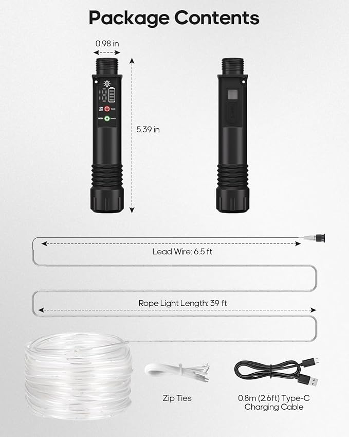 Rechargeable Rope Lights, 39FT 120LED Outdoor Waterproof String Lights with 1200mah Portable Rechargeable Battery, Timing & 8 Modes for Party Christmas Camping DIY Tree trampoline - Cool White 1 Pack