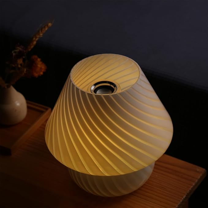 BSOD Swirl Mushroom Lamp, Vintage Bedside Table Lamps 9.9" Striped White Translucent Murano Glass Big Mushroom Decor Night Light for Desk, Bedroom, Nightstand, Home Office, Birthday Gifts...