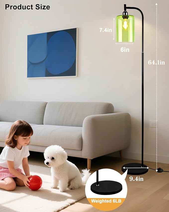 Lightdot 64IN Glass Floor Lamp for Living Room, Modern Standing Lamps with Green Ribbed Glass Lampshade& Bulb Included, Industrial Floor Lamp for Bedroom/Sofa Beside/Corner Decor-Black