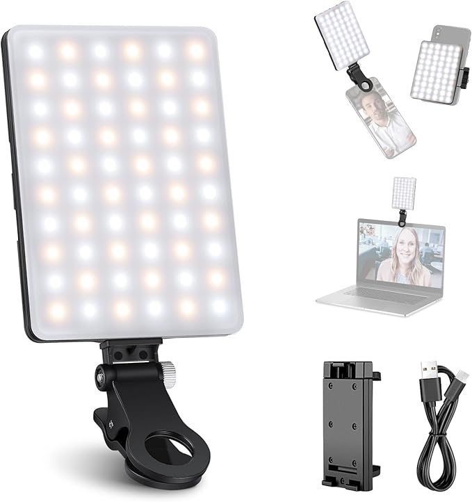 NEEWER Basics NL-60AI Selfie Light for Phone with Front & Back Clip, 60 LED 2000mAh Rechargeable CRI95+, 3 Modes, Portable Clip on Fill Lighting for Tablet Computer Laptop Zoom Call TikTok Video