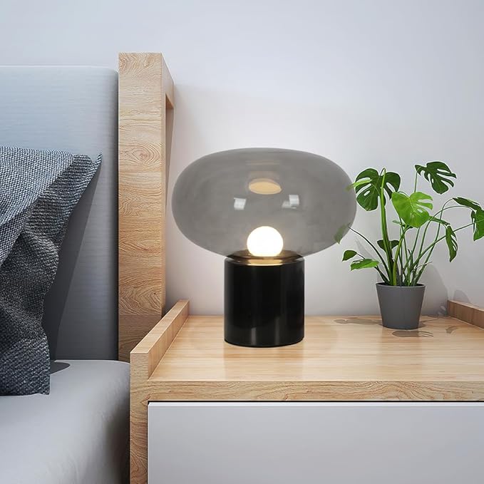 Meefad Glass Table Lamp, Mushroom Shape Bedside Lamp with Marble Base, Small Night Light for Bedroom Office Nightstand Smoke Gray Finish