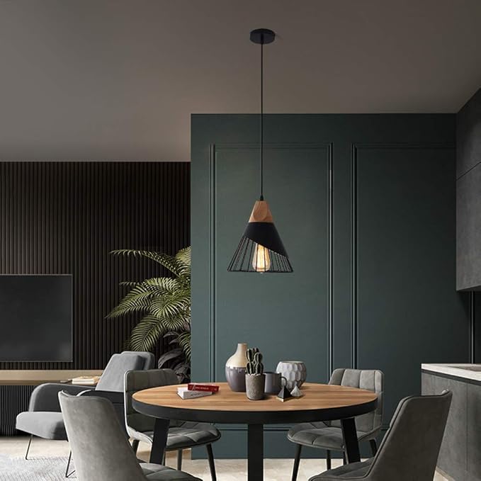 Black Farmhouse Wooden Pendant Light,Rustic Wood & Metal Pendant Lighting, Adjustable Height Hanging Ceiling Light Fixture for Kitchen Island Dining Room Bedroom Hallway