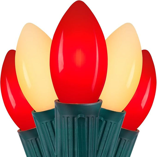 Vintage C9 LED Christmas Lights Outdoor, 100 Feet String Lights with 50 Shatterproof Bulbs, Waterproof Connectable Christmas Tree Lights for Outside Roofline Patio Xmas Decor, Red & Warm White