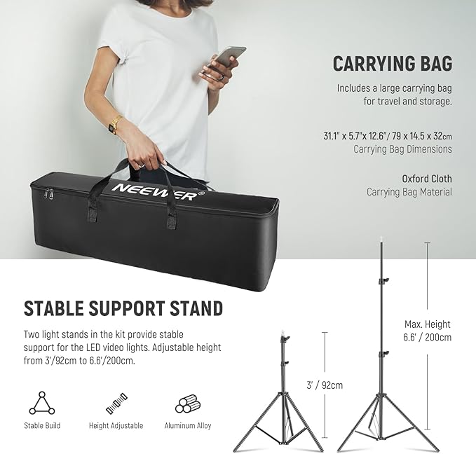 NEEWER Upgraded 660 PRO II RGB LED Video Light with App Control & Tripod Stand Kit, 2 Pack 50W/1% Min Dimming/CRI97+/3200~5600K Key Lighting for Game Streaming YouTube Recording Studio Photography