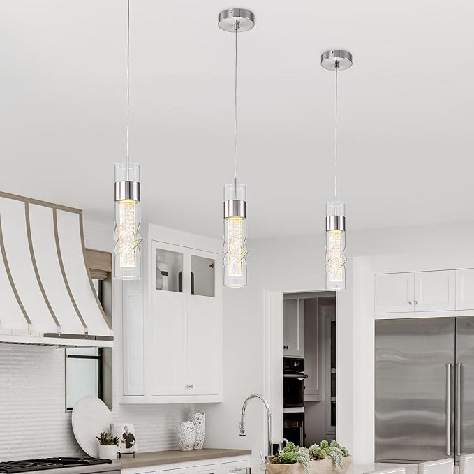 WILON Led Kitchen Island Ceiling Light, 9W Crystal Hanging Lights with Threaded Clear Glass, Adjustable Modern Pendant Light Led Kitchen Light Fixtures for Dining Room Bedroom(1 Pack)
