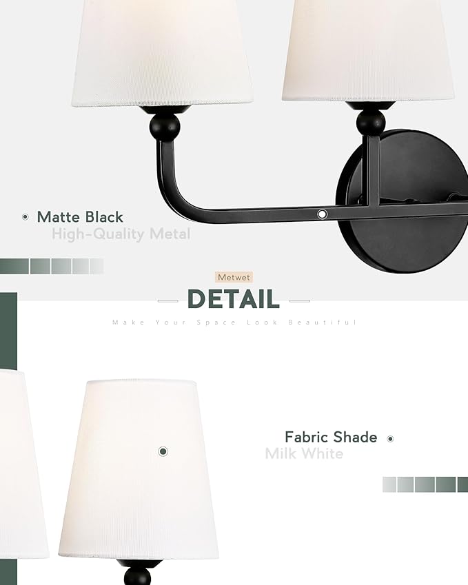 2-Light Bathroom Vanity Light Fixtures in Matte Black Finish, Modern Bedside Wall Sconces with Flared White Fabric Shade for Bathroom, Hallway, Living Room, Kitchen, VL837-MB-2