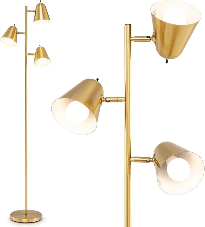 Tangkula 3-Light Floor Lamp, 64" Mid Century Modern 3 Light Tree, Standing Tall Pole Lamp with 3 A19 LED Bulbs and Adjustable Heads, 3 E26 Base, Reading Light for Living Room & Bedroom (Golden)