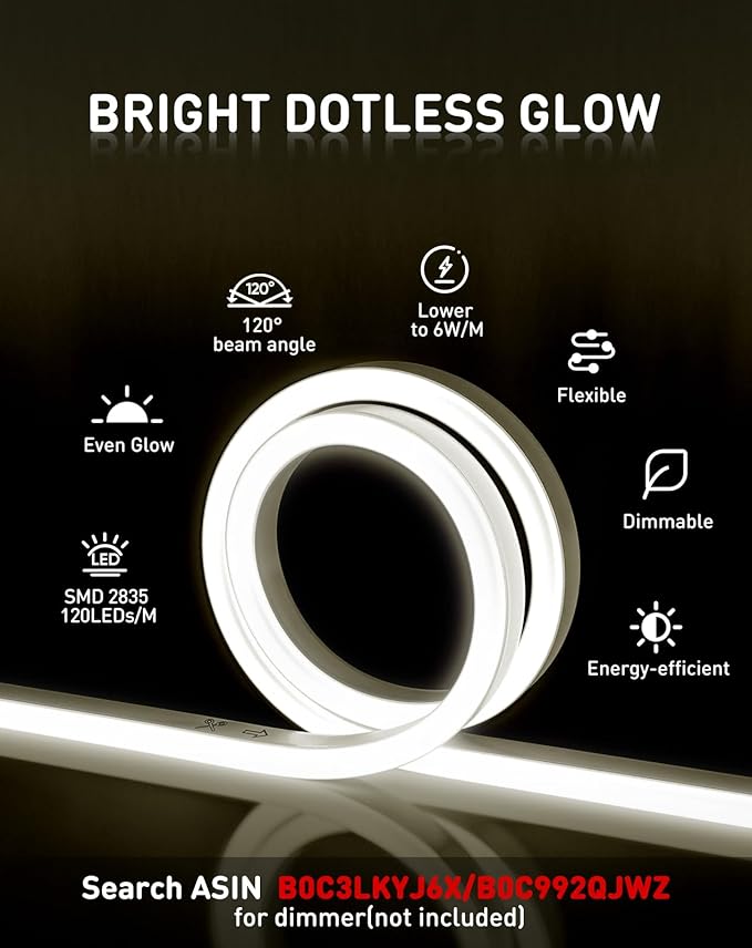 Shine Decor 82FT LED Neon Rope Lights Outdoor Waterproof, AC 110V 120V Flexible NEON LED Strip Lights(Daylight White), ETL Plug&Play 25M Neon Light String 120 LED/M for Home Garden Commercial Lighting