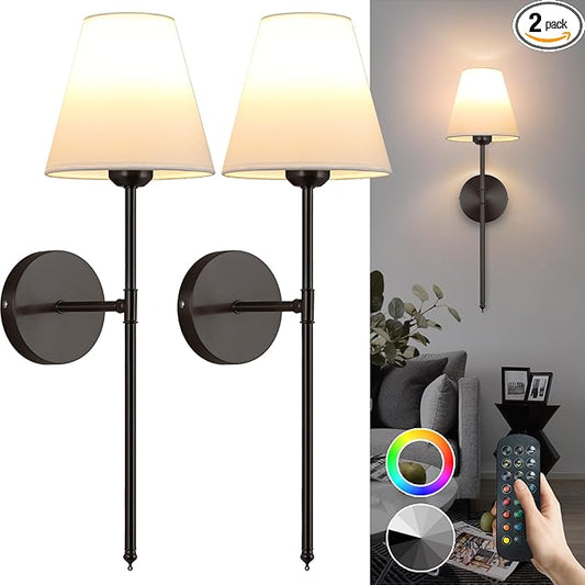 Battery Operated Wall Sconce Set of 2,15 Colors Wireless Wall Light With Dimmable Remote Control Last 18-50 Hours,Black Rechargeable Wall Lamp With White Fabric Shade For Living Room Bedroom Hallway