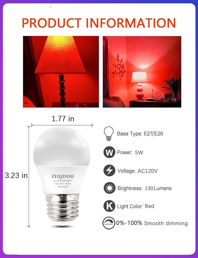 630nm Red Light Bulbs for Sleep Dimmable, 100% Blue Light Blocking, Sleep Light for Melatonin Promoting, A15 E26 5W(40W Equivalent) Dim Light Bulbs for Bedroom, Baby Nursery,4-Pack