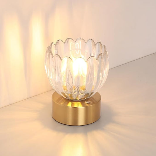 Cordless Small Table Lamp with 5200mAh Battery & Touch Control, Battery Operated Tulip Table Lamp with 3 Colors, Rechargeable Mini Table Lamps for Bedsides, Bedroom, Nightstand (Transparent)