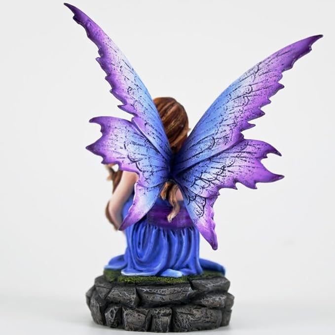 Fantasy Blue-Purple Fairy Figurine, 6.1 Inch Gradient Wings Elf Statue, Hand-Painted Resin Decor with Rock Base for Indoor, Garden, Desk